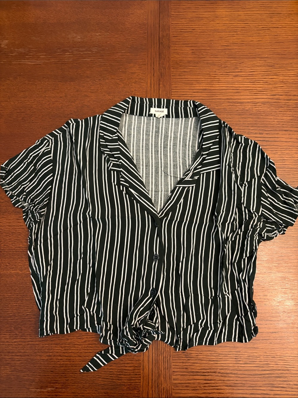 Garage Dark Green and White Striped Tie-Front Button Down Shirt